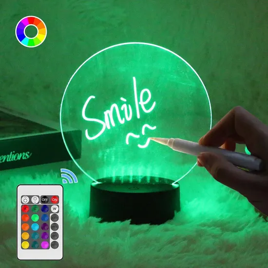 Tablero de escritura borrable con Base de luz nocturna de 16 colores, tablero de escritura acrílico con mensajes LED RGB creativo DIY